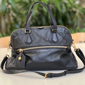 Marc by Marc Jacobs Black Leather Globetrotter Satchel with Gold Hardware